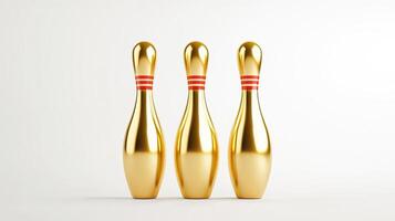 Three shiny golden bowling pins arranged neatly, symbolizing fun and leisure in bowling sports. photo