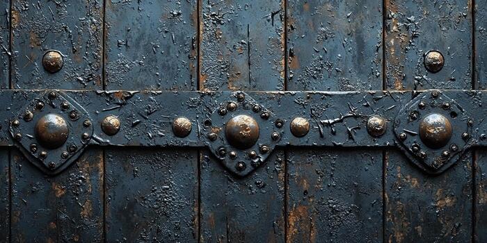 An intricate metal door with a rugged texture and unique embellishments, showcasing craftsmanship and history. photo