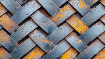 A detailed view of an industrial woven metal surface with rust and patina, showcasing texture and patterns. photo