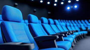 Blue cinema seats lined up in a modern theater, illuminated by soft lights, inviting viewers for an enjoyable cinematic experience. photo