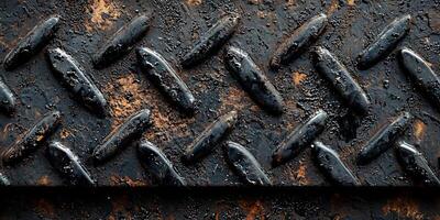 Close-up of a textured metal surface with diamond patterns and rust, showcasing the raw beauty of industrial design. photo