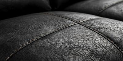 Close-up of textured black leather surface with unique patterns and stitches, representing quality and elegance. photo