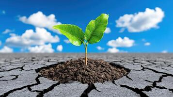 A resilient green sprout emerging from cracked soil under a bright blue sky, symbolizing hope and environmental sustainability. photo