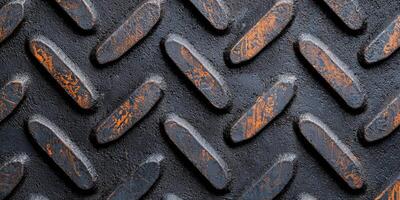 Close-up of textured metal flooring with a diamond pattern, showcasing wear and a blend of black and rust colors. photo