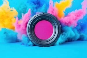 A vibrant explosion of colored powder surrounds a circular design, creating a dynamic and artistic visual effect. photo