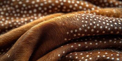 Close-up of soft, textured fabric resembling animal fur with distinctive white spots on a warm brown background. photo