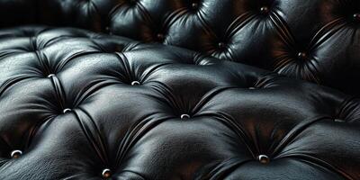 Close-up of an elegant black leather couch, showcasing intricate tufting and glossy details for luxurious decor. photo