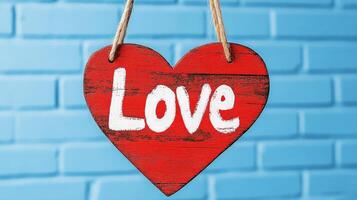 A vibrant red heart-shaped sign displaying the word 'Love' against a blue brick background, symbolizing affection and warmth. photo