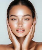 A close-up portrait of a radiant woman with glowing skin and a natural expression, capturing beauty and confidence. photo