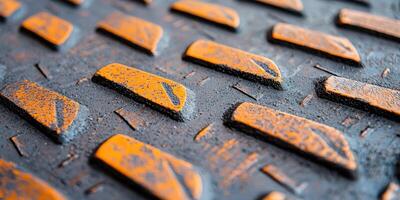 Close-up view of a textured metal surface with orange rust and raised patterns showcasing industrial design. photo