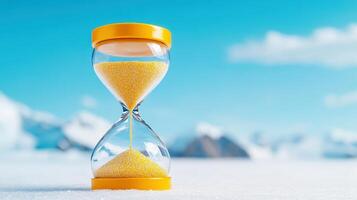 A vibrant hourglass symbolizing the passage of time against a serene landscape, evoking contemplation and mindfulness. photo