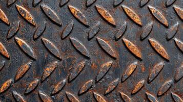 Close-up of a rusted metal surface with diamond plate texture, showcasing industrial design and wear over time. photo