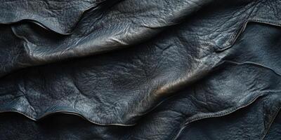 Close-up view of textured black leather, highlighting its waves and folds, perfect for design projects and backgrounds. photo