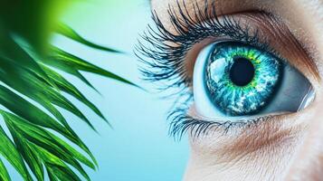 A close-up view of a vibrant human eye surrounded by green leaves, highlighting the connection between nature and vision. photo
