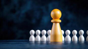 A prominent yellow pawn stands out among white pawns, symbolizing leadership, strategy, and decision-making in business. photo