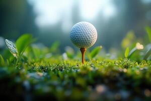 A close-up shot of a golf ball on a tee, surrounded by lush green grass, symbolizing the sport and outdoor leisure activities. photo