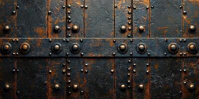 An antique metal door with intricate rivets and a rustic finish, showcasing age and character in design. photo