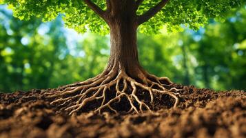 A close-up view of a tree trunk and intricate root system emerging from rich, dark soil in a lush green environment. photo