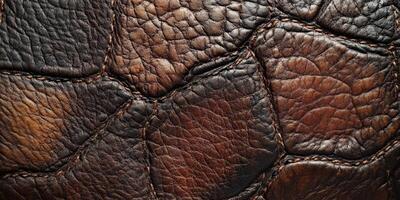 Close-up of textured leather surface, showcasing natural patterns and rich colors, perfect for crafting inspiration. photo