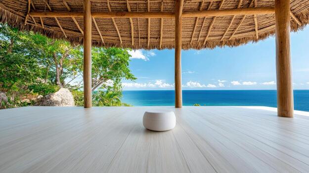 A serene beachfront space with wooden flooring and a stunning ocean view, perfect for relaxation and mindfulness. photo