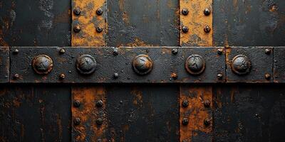 Rusty metal door with rivets, showcasing vintage industrial design and historical architecture. photo
