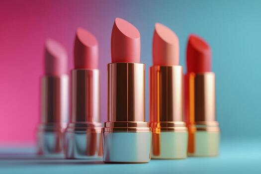 A vibrant display of colorful lipsticks arranged elegantly, showcasing shades of pink against a striking background. photo