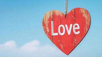 A rustic red heart with the word 'Love' hangs against a blue sky, symbolizing affection and warmth in a charming, artistic way. photo