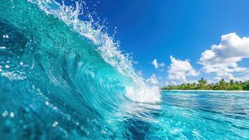 A vibrant wave crashing against the shore under a clear blue sky, showcasing the beauty of nature and the ocean's power. photo