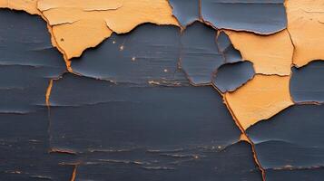 Close-up of textured paint peeling off a surface, showcasing a blend of orange and dark hues. photo