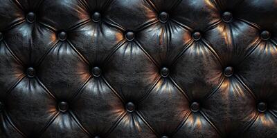 A close-up view of a classic black leather tufted upholstery, showcasing its texture and elegant design. photo