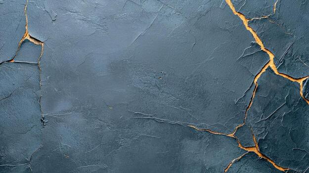 A textured blue wall with fine cracks and golden lines, perfect for backgrounds and artistic designs. photo