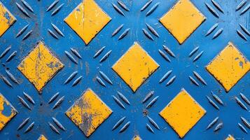 Close-up of a blue and yellow diamond-patterned metal surface, showcasing unique textures and colors. photo