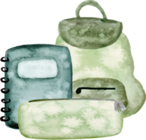 a green backpack and notebook on a transparent background png