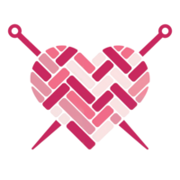 A heart shape is formed by interwoven pink and red rectangles, accompanied by two knitting needles cutouts png