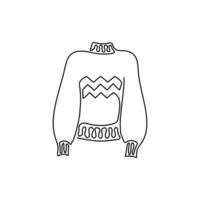 Sweater in continuous line art drawing style. Lopapeysa or Icelandic style sweater black linear design isolated on white background. vector