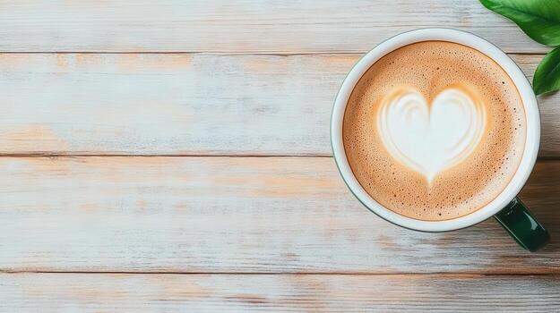 A beautifully crafted cup of coffee with heart-shaped latte art on a rustic wooden table, inviting warmth and comfort. photo