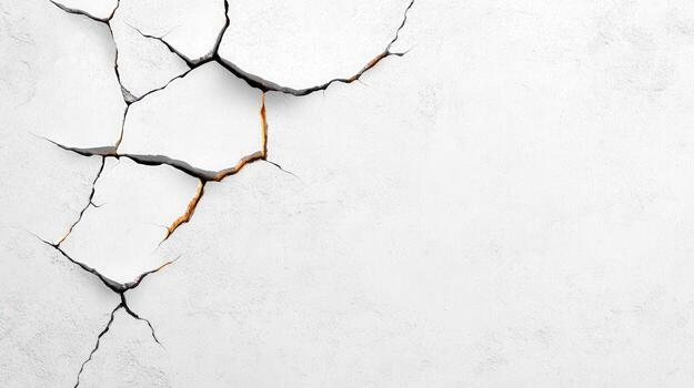 Close-up of a cracked white wall, showcasing the distressed texture and patterns formed by fractures over time. photo