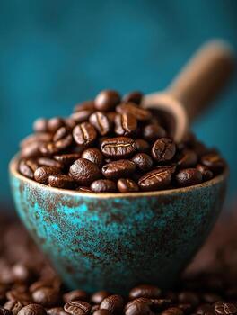 A close-up image of rich coffee beans in a turquoise bowl, showcasing their texture and color against a blurred background. photo