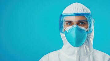 A healthcare worker in protective gear stands against a blue background, emphasizing safety and professionalism in medical environments. photo