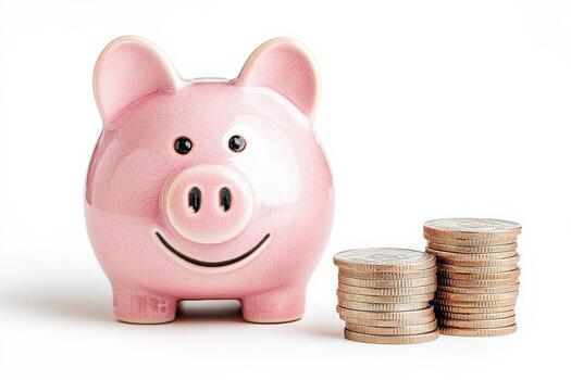 A cheerful piggy bank next to stacks of coins symbolizes saving, investment, and financial planning for a secure future. photo
