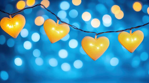 Festive heart-shaped lights create a warm, inviting atmosphere against a cool blue background, perfect for celebrations. photo