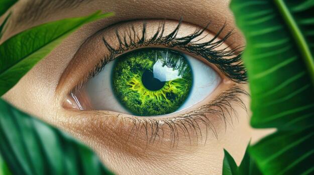 A close-up of a captivating green eye surrounded by lush leaves, symbolizing nature and connection with the environment. photo