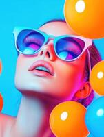 un vibrante retrato de un mujer en elegante Gafas de sol, rodeado por vistoso globos, encarnando alegría y calor. foto
