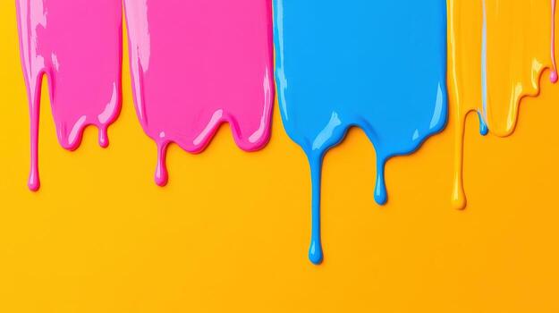 Bright and vibrant colors of dripping paint on a yellow background, perfect for artistic and creative projects. photo