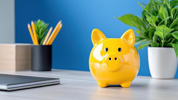 A cheerful yellow piggy bank sits on a modern desk, symbolizing saving and financial planning in an organized workspace. photo