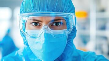 A healthcare professional in protective gear focuses intensely in a laboratory environment, symbolizing dedication to safety and research. photo