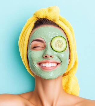 A woman enjoys a refreshing facial mask at home, showcasing relaxation and skincare routine with a joyful smile. photo