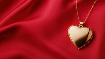 A beautiful gold heart pendant resting on luxurious red satin, perfect for representing love and elegance in fashion. photo