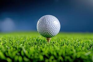 A close-up shot of a golf ball on a tee, set against a vibrant green grass backdrop, capturing the essence of the game. photo