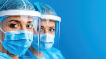 Two healthcare workers in protective gear, facing the camera with serious expressions, highlighting dedication and safety in healthcare. photo
